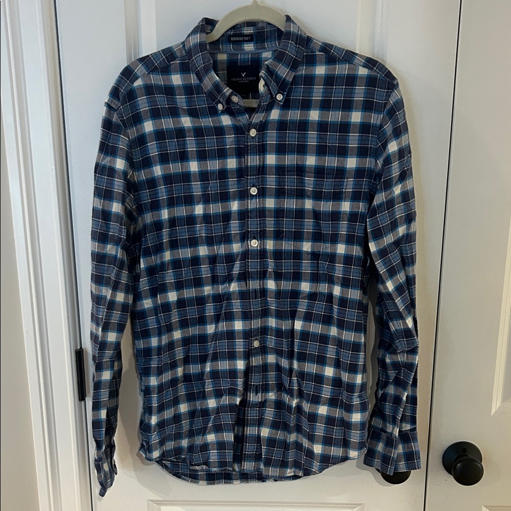 American Eagle Outfitters Navy and White Plaid Shirt